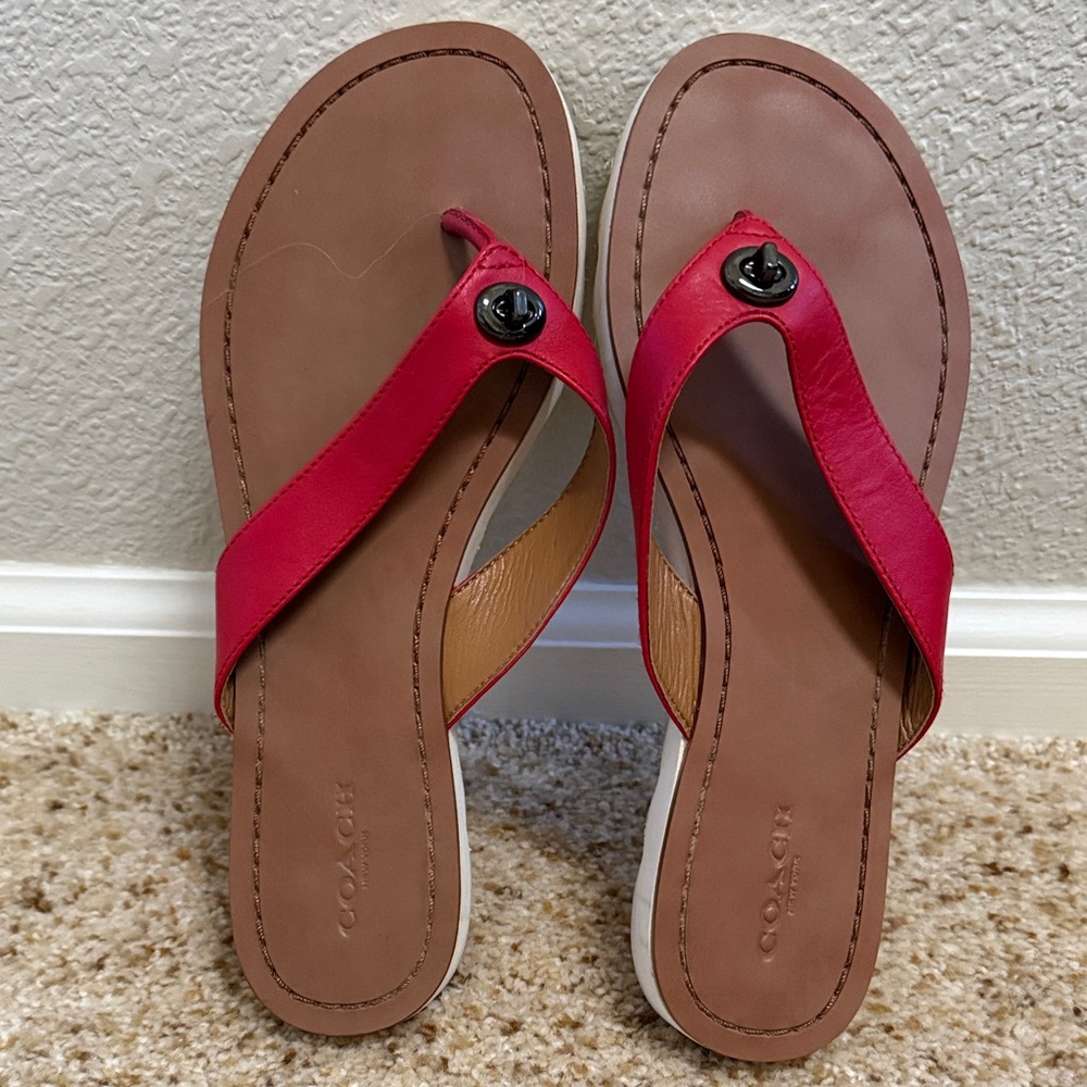 Coach Women's Red and Brown Flip Flops